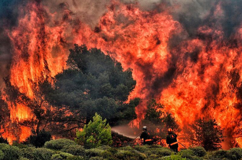 Firefighters try to extinguish flames during a wildfire at the village of Kineta. AFP