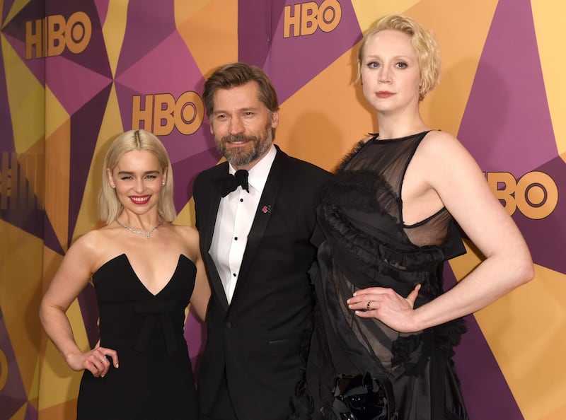 Emilia Clarke, from left, Nikolaj Coster-Waldau, and Gwendoline Christie. AP