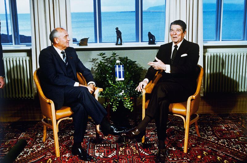 Gorbachev and Reagan talk during their meeting in Reykjavik. AP