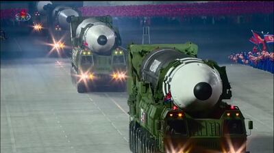 A screen grab taken from a KCNA broadcast on October 10, 2020 shows North Korean Hwasong-15 intercontinental ballistic missiles during a military parade marking the 75th anniversary of the founding of the Workers' Party of Korea, on Kim Il Sung square in Pyongyang. Nuclear-armed North Korea held a giant military parade, television images showed, with thousands of maskless troops defying the coronavirus threat and Pyongyang expected to put on show its latest and most advanced weapons.
 -  - South Korea OUT / REPUBLIC OF KOREA OUT   ---EDITORS NOTE--- RESTRICTED TO EDITORIAL USE - MANDATORY CREDIT "AFP PHOTO/KCNA" - NO MARKETING NO ADVERTISING CAMPAIGNS - DISTRIBUTED AS A SERVICE TO CLIENTS
THIS PICTURE WAS MADE AVAILABLE BY A THIRD PARTY. AFP CAN NOT INDEPENDENTLY VERIFY THE AUTHENTICITY, LOCATION, DATE AND CONTENT OF THIS IMAGE. 
 / AFP / KCNA VIA KNS / - / REPUBLIC OF KOREA OUT   ---EDITORS NOTE--- RESTRICTED TO EDITORIAL USE - MANDATORY CREDIT "AFP PHOTO/KCNA" - NO MARKETING NO ADVERTISING CAMPAIGNS - DISTRIBUTED AS A SERVICE TO CLIENTS
THIS PICTURE WAS MADE AVAILABLE BY A THIRD PARTY. AFP CAN NOT INDEPENDENTLY VERIFY THE AUTHENTICITY, LOCATION, DATE AND CONTENT OF THIS IMAGE. 
