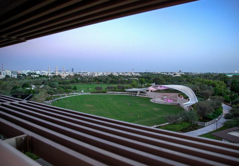 Abu Dhabi, United Arab Emirates, October 26, 2020.  The "new norm" of Covid-19 precautionary measures at Umm Al Emarat Park, Abu Dhabi, on a Monday afternoon.  The Grat Lawn view from the Shade House.
Victor Besa/The National
Section:  NA
Reporter: