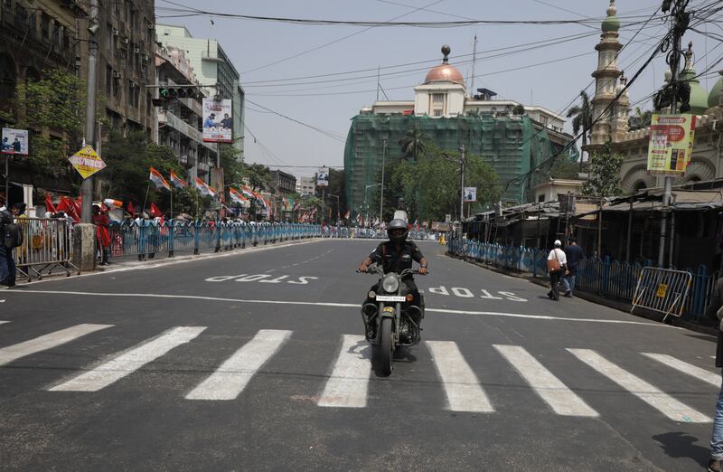 Roads were blocked in Kolkata, eastern India, on Monday, the first of two days of strike action across the country. EPA