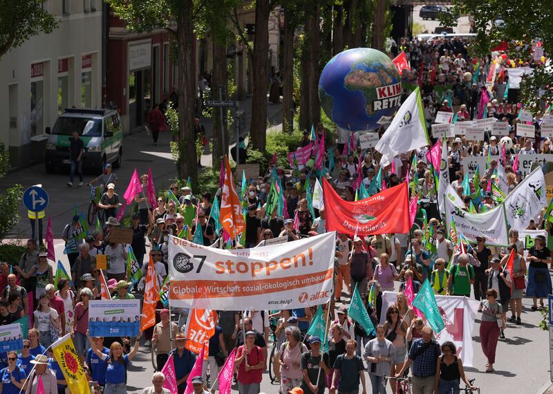 Climate activists and other protesters hold a rally in Munich on the sidelines of the G7 summit in Germany. AP
