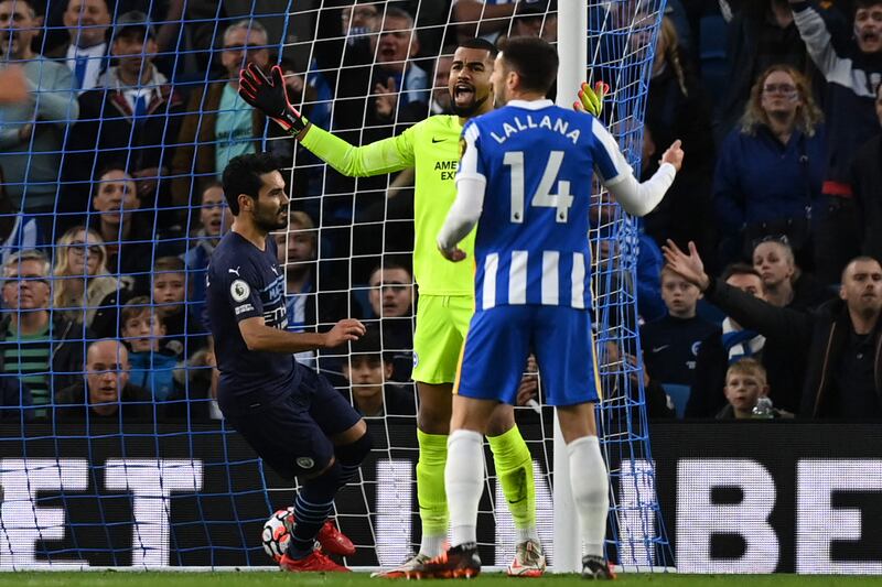 Brighton goalkeeper Robert Sanchez protests following Manchester City's opening goal. AFP
