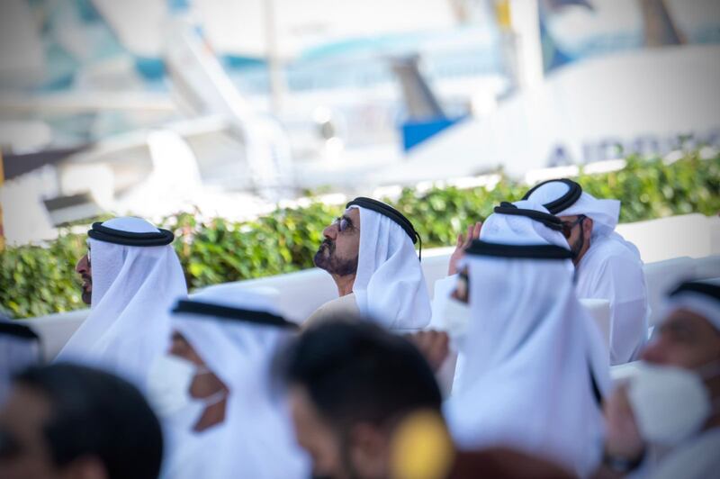 Sheikh Mohammed, accompanied by Sheikh Saif, watches the display. Photo: Dubai Media Office