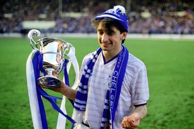 Football - 1986 Full Members Cup - Chelsea v Manchester City - Wembley Stadium - 24/3/86 Pat Nevin - Chelsea poses with the trophy Mandatory Credit: Action Images / Sporting Pictures / Nick Kidd CONTRACT CLIENTS PLEASE NOTE: ADDITIONAL FEES MAY APPLY - PLEASE CONTACT YOUR ACCOUNT MANAGER