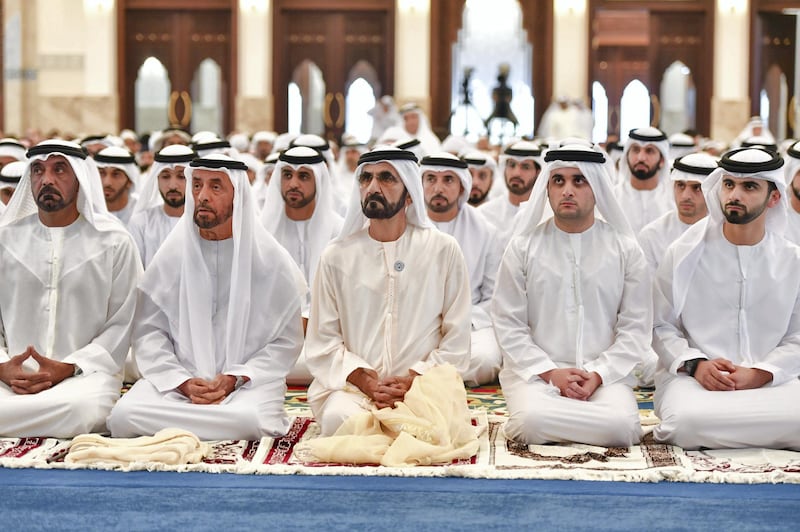 DUBAI, 15th June, 2018 (WAM) -- His Highness Sheikh Mohammed bin Rashid Al Maktoum, the Vice President, Prime Minister and Ruler of Dubai, this morning performed the Eid al-Fitr prayer at Zabeel Mosque.

Performing the prayer alongside His Highness Sheikh Mohammed were H.H. Sheikh Hamdan bin Mohammed bin Rashid Al Maktoum, Crown Prince of Dubai, H.H. Sheikh Hamdan bin Rashid Al Maktoum, Deputy Ruler of Dubai and UAE Minister of Finance, H.H. Sheikh Ahmed bin Saeed Al Maktoum, Chairman of Dubai Civil Aviation Authority and Chief Executive of Emirates Group H.H. Sheikh Ahmed bin Mohammed bin Rashid Al Maktoum, Chairman of Mohammed bin Rashid Al Maktoum Knowledge Foundation, a number of Sheikhs, officials and a group of worshipers. Wam