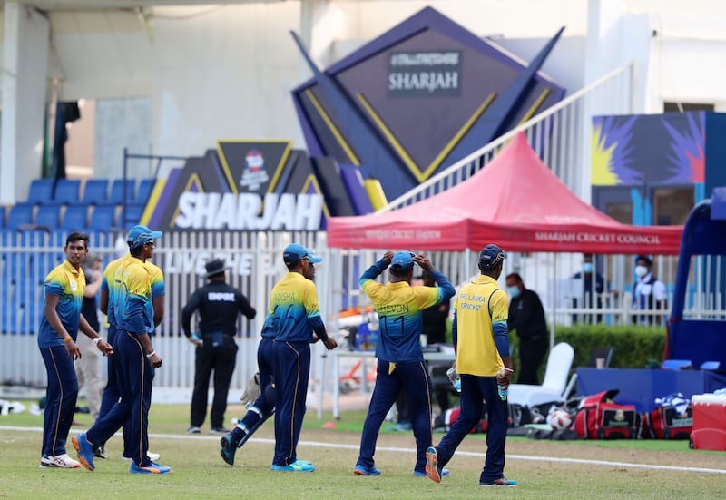 Players walk off the pitch after the U19 Asia Cup match between Sri Lanka and Bangladesh was called off at the Sharjah Cricket Stadium on Tuesday, December 20, 2021. All images Chris Whiteoak /  The National
