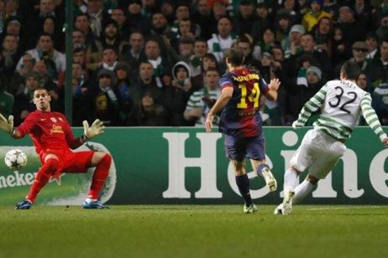 Celtic’s Tony Watt, right, a product of the NexGen Series, scores a goal during a Uefa Champions League match against Barcelona last year. David Moir / Reuters