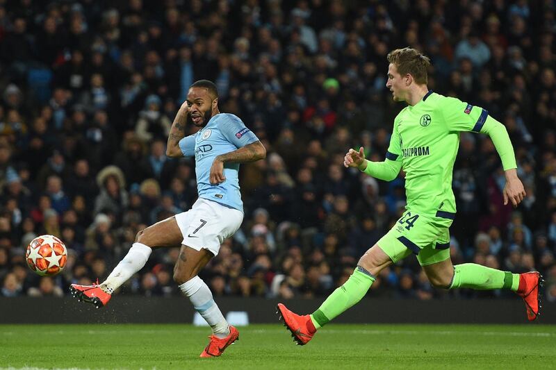 Manchester City's English striker Raheem Sterling scores their fourth goal against Schalke. AFP