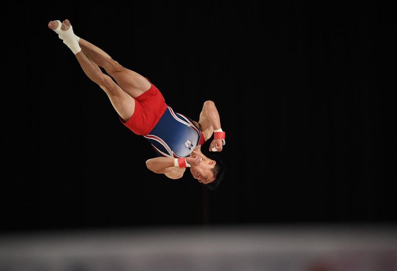 Taiwan's Tang Chia-Hung competes in the floor exercise final. Peter Parks / AFP