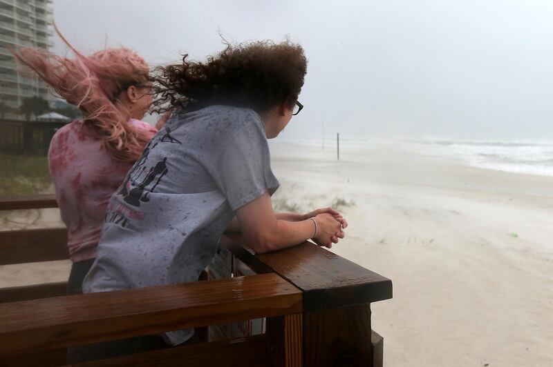 Jordan Spence and Dawson Stallworth watch waves come ashore as Hurricane Sally approaches in Orange Beach, Alabama. REUTERS