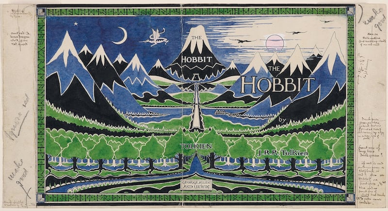 The final design of The Hobbit dust jacket. Tolkien not only illustrated The Hobbit but was also closely involved in its production process, designing the dust jacket and the binding