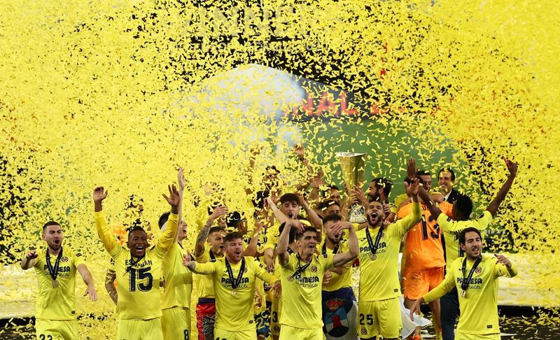 Villarreal players celebrate after beating Manchester United in the Europa League final at the Polsat Plus Arena in Gdansk, Poland, on Wednesday, May 26. Reuters