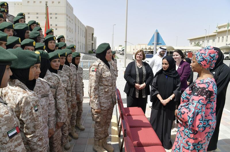 Phumzile Mlambo-Ngcuka, the UN under-secretary-general, meets cadets undergoing military and peacekeeping training at the Khawla bint Al Azwar Military Academy in Abu Dhabi. Courtesy: UN Women UAE.