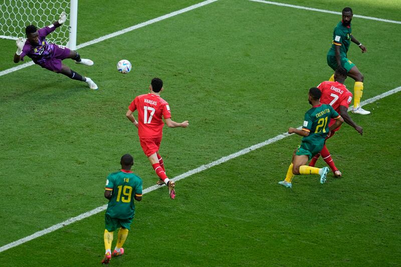 Switzerland's Breel Embolo scores Cameroon, the country of his birth. AP
