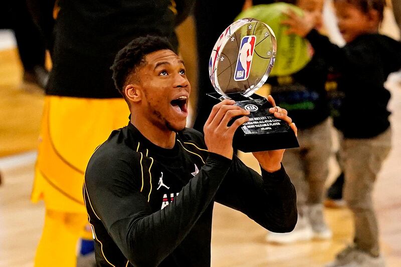 Team LeBron forward Giannis Antetokounmpo of the Milwaukee Bucks reacts to being named the MVP of the 2021 NBA All-Star Game. Reuters