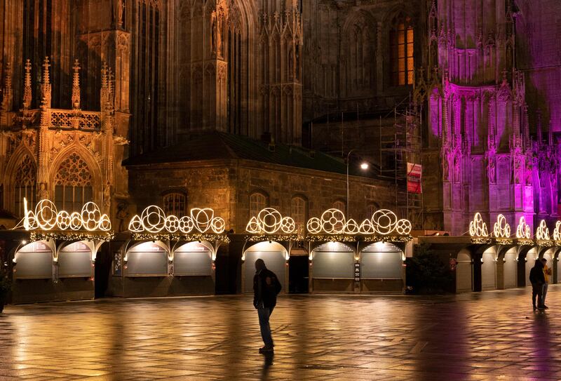 The closed Christmas market next to Stephen's Cathedral, which would normally be packed with crowds of people, in Vienna, Austria. The country is under a nationwide lockdown. AFP