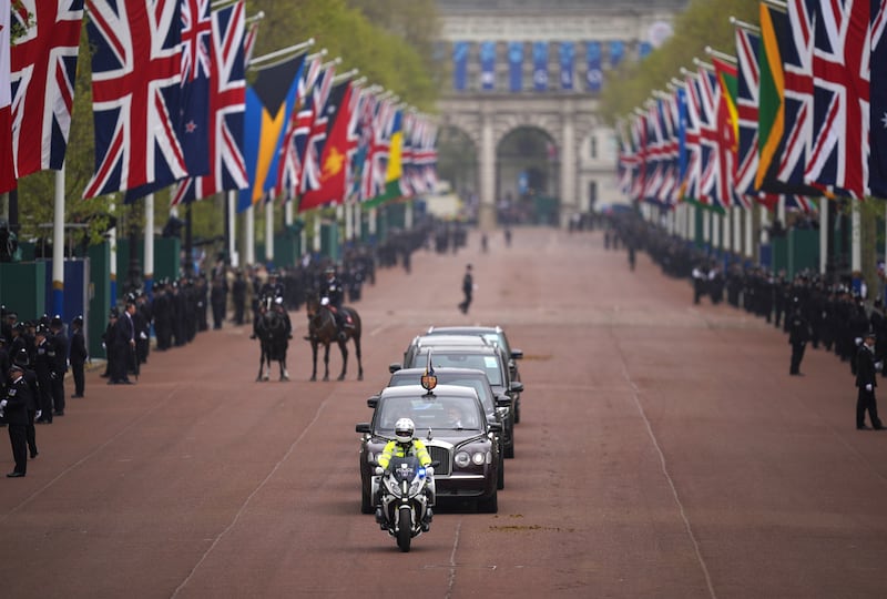 The motorcade of King Charles and Queen Consort Camilla travel across London from St James's Palace to Buckingham Palace. PA