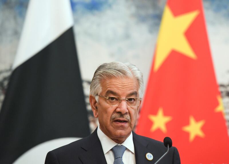 Pakistan’s Foreign Minister Khawaja Muhammad Asif speaks during his press conference with Chinese State Councilor and Foreign Minister Wang Yi (not pictured) at the Diaoyutai State Guest House in Beijing on April 23, 2018.  / AFP PHOTO / POOL / MADOKA IKEGAMI