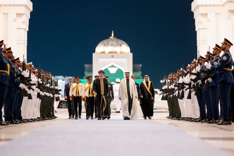 President Sheikh Mohamed arrives for a dinner reception for Sultan Haitham of Oman