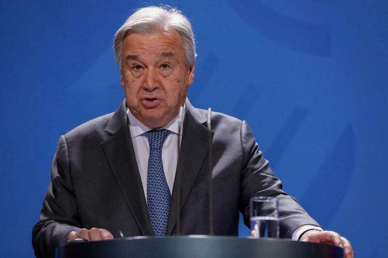 United Nations (UN) Secretary General Antonio Guterres gives press statement before talks with the German Chancellor at the Chancellery in Berlin on November 26, 2019.  / AFP / Odd ANDERSEN
