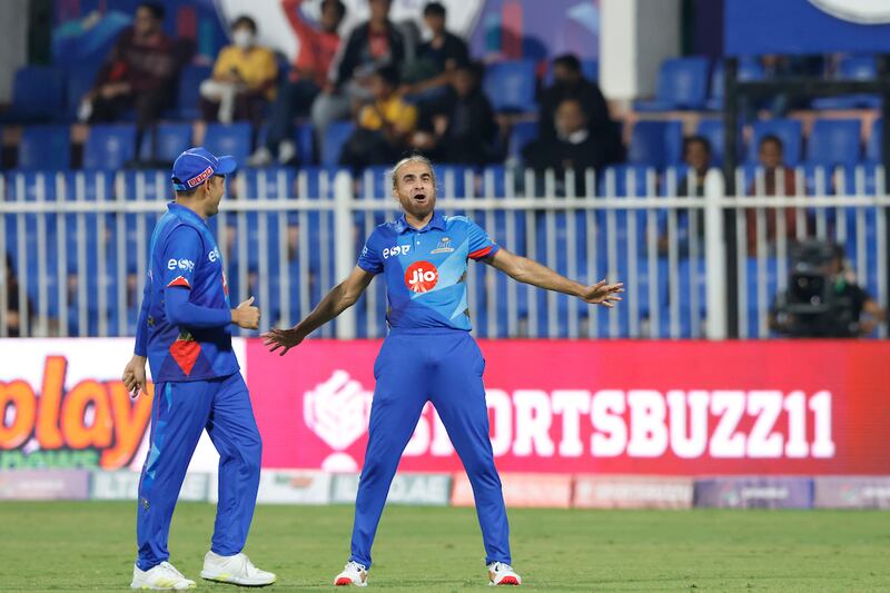 Imran Tahir of MI Emirates celebrates the wicket of Tom Kohler-Cadmore of Sharjah Warriors during the ILT20 match at the Sharjah Cricket Stadium on January 17, 2023. All pictures ILT20