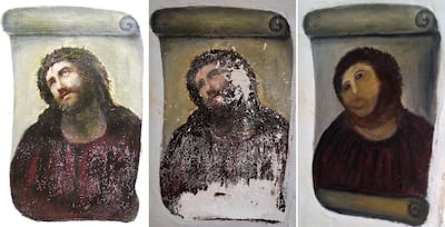 A combination of three documents provided by the Centre de Estudios Borjanos on August 22, 2012 shows the original version of the painting Ecce Homo (L) by 19th-century painter Elias Garcia Martinez, the deteriorated version (C) and the restored version by an elderly woman in Spain. An elderly woman's catastrophic attempt to "restore" a century-old oil painting of Christ in a Spanish church has provoked popular uproar, and amusement. Titled "Ecce Homo" (Behold the Man), the original was no masterpiece, painted in two hours in 1910 by a certain Elias Garcia Martinez directly on a column in the church at Borja, northeastern Spain. The well-intentioned but ham-fisted amateur artist, in her 80s, took it upon herself to fill in the patches and paint over the original work, which depicted Christ crowned with thorns, his sorrowful gaze lifted to heaven. 
= RESTRICTED TO EDITORIAL USE - MANDATORY CREDIT " AFP PHOTO/ CENTRO DE ESTUDIOS BORJANOS" - NO MARKETING NO ADVERTISING CAMPAIGNS - DISTRIBUTED AS A SERVICE TO CLIENTS = (Photo by - / CENTRO DE ESTUDIOS BORJANOS / AFP)