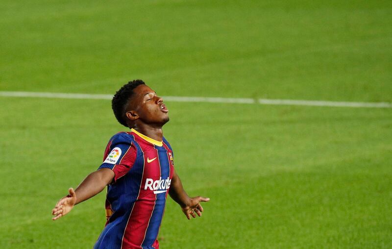 Barcelona's Ansu Fati celebrates scoring their second goal. Reuters