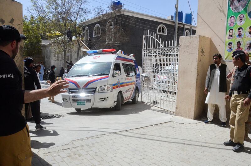 An ambulance carrying people injured in the earthquake enters a hospital in Quetta, Pakistan. Reuters