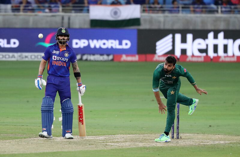 Pakistan's Shadab Khan bowls against India in the Asia Cup 2022 clash at Dubai International Cricket Stadium. Pawan Singh / The National