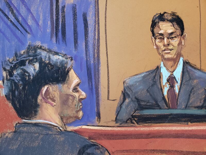 A courtroom sketch shows FTX co-founder Gary Wang giving evidence during Sam Bankman-Fried's trial over the collapse of the cryptocurrency exchange. Reuters