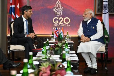 British Prime Minister Rishi Sunak, left, and Indian Prime Minister Narendra Modi hold a bilateral meeting at the G20 summit in Bali, Indonesia, in November last year. PA