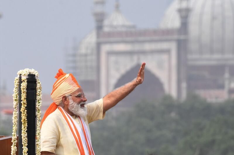 Indian Prime Minister Narendra Modi waves after his speech to the nation during a ceremony to celebrate India's 74th Independence Day, which marks the of the end of British colonial rule, at the Red Fort in Delhi. AFP