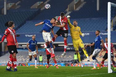 Everton's Richarlison battles for the ball with Southampton's Jan Bednarek and goalkeeper Fraser Forster during the Premier League match at Goodison Park, Liverpool. PA