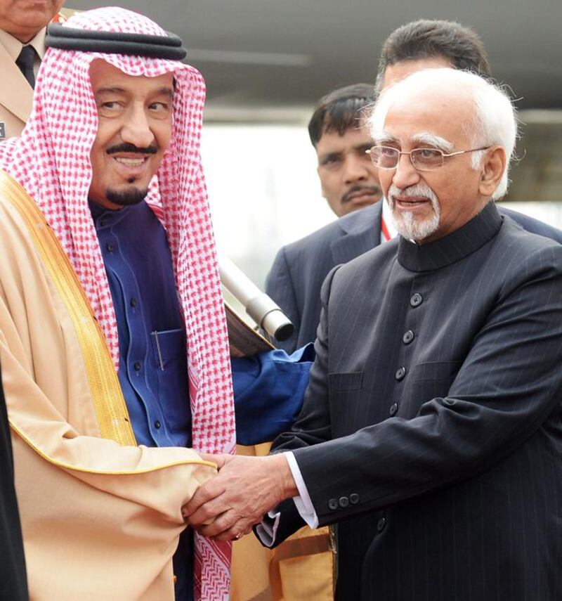 Saudi Arabia’s crown prince Salman bin Abdulaziz Al Saud of the Kingdom of Saudi Arabia met Indian vice president Hamed Ansari when he arrived in Delhi on Wednesday. AFP  