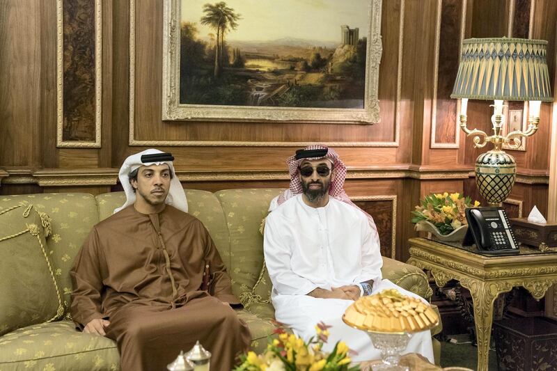 RIYADH, SAUDI ARABIA- December 13, 2017: HH Sheikh Mansour bin Zayed Al Nahyan, UAE Deputy Prime Minister and Minister of Presidential Affairs (L) and HH Sheikh Tahnoon bin Zayed Al Nahyan, UAE National Security Advisor (R), attend a meeting with HM King Salman Bin Abdulaziz Al Saud, of Saudi Arabia and Custodian of the Two Holy Mosques (not shown), at Arqa Palace.

( Mohamed Al Hammadi / Crown Prince Court - Abu Dhabi )
---