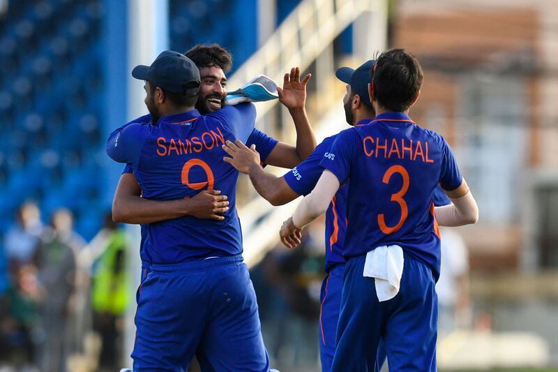 Mohammed Siraj celebrates bowling India to victory in the first ODI against the West Indies at Queens Park Oval, Port of Spain, Trinidad, on Friday, July 22, 2022. AFP