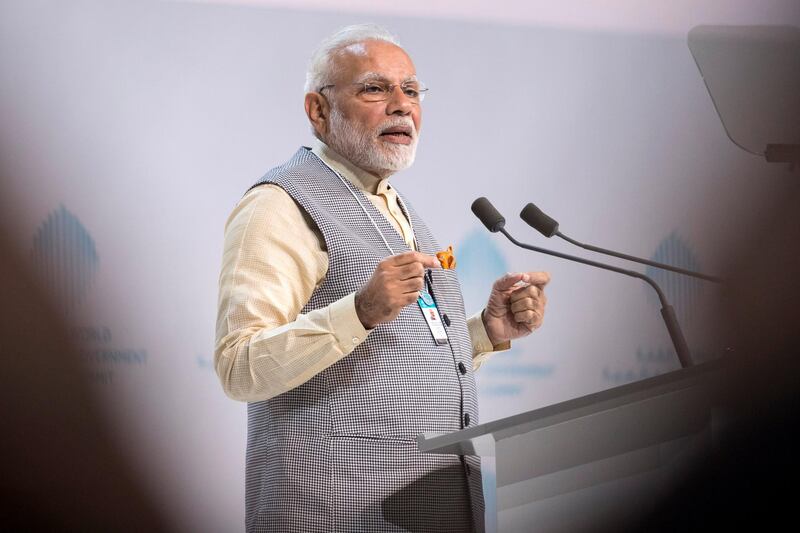 JUMEIRAH, DUBAI, UNITED ARAB EMIRATES - February 11, 2018: HE Narendra Modi Prime Minister of India, delivers a speech during the 2018 World Government Summit.
( Ryan Carter / Crown Prince Court - Abu Dhabi )
---