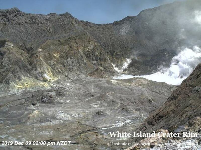 The crater rim of Whakaari, also known as White Island, shortly before the volcano erupted. GNS Science via Reuters.