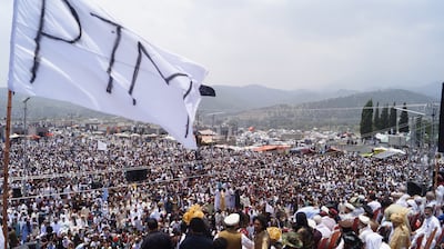 Supporters of Pashtun Tahafuz Movement (PTM) attend a rally to demand removal of the landmines in South Waziristan, in Tank, South Waziristan, Pakistan, 27 July 2021.  EPA