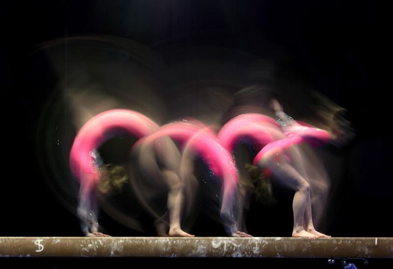 Ashlee Sullivan competes on the balance beam dat the 2021 Winter Cup at the Indiana Convention Center in the US, on Sunday, February 28. AFP