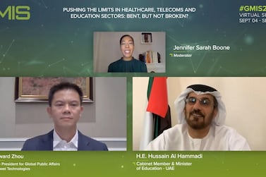 Hussain Al Hammadi, Minister of Education, and Edward Zhou, Vice President for Global Public Affairs of Huawei, take part in a panel discussion titled ‘Pushing the limits in the healthcare, telecoms and education sectors: bent, but not broken?’during the Global Manufacturing and Industrialisation Summit. Wam