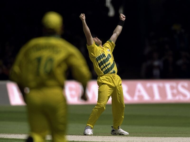 Shane Warne celebrates a Pakistan wicket in the Cricket World Cup Final at Lord's in London in 1999. Getty Images