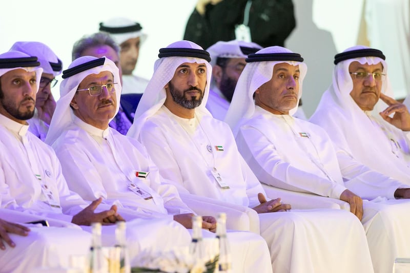 SAADIYAT ISLAND, ABU DHABI, UNITED ARAB EMIRATES - November 27, 2018: HE Sheikh Abdulla bin Mohamed Al Hamed, Chairman of the Health Department and Abu Dhabi Executive Council Member (L), HE Sultan bin Saeed Al Mansouri, UAE Minister of Economy (2nd L), and HE Mohamed Mubarak Al Mazrouei, Undersecretary of the Crown Prince Court of Abu Dhabi (3rd L), attend the UAE Government Annual Meeting at the St Regis Saadiyat. 
( Ryan Carter / Ministry of Presidential Affairs )
---