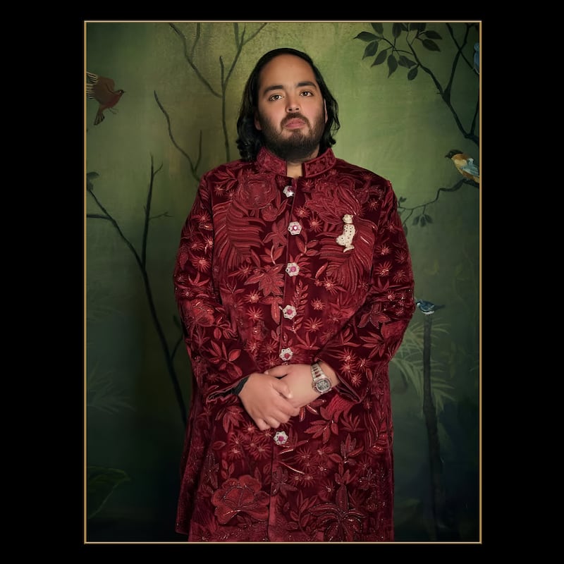 Anant Ambani looked regal in a sherwani intricately embroidered with jungle motifs and Swarovski crystals. Photo: @manishmalhotra05 / Instagram