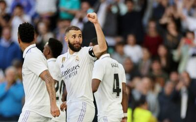 Real Madrid's Karim Benzema celebrates scoring their fourth goal and completing his hat trick. April 2 2023. Reuters