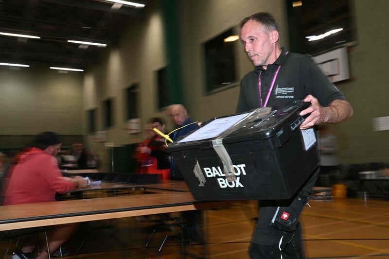 A ballot box is delivered to the counting centre in Blackpool, north-west England, on Thursday during the Blackpool South by-election. AFP