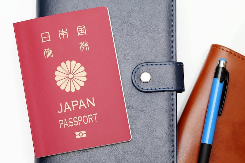 JEMDMN japanese passport and leather notebook isolated on white background. Alamy