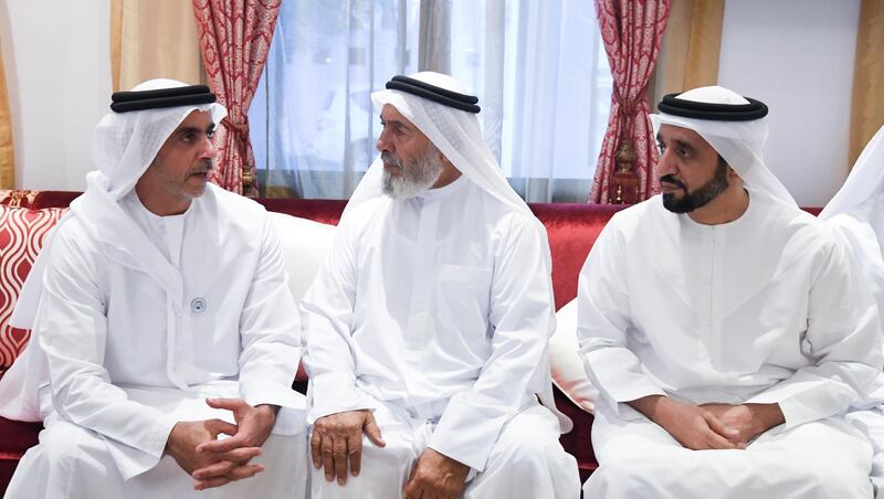 ABU DHABI, UNITED ARAB EMIRATES - July 02, 2018: HH Lt General Sheikh Saif bin Zayed Al Nahyan, UAE Deputy Prime Minister and Minister of Interior (L) offers condolences to the family of the late Mubarak bin Garran Al Mansouri. 

( Abdullah Al Junaibi )
---